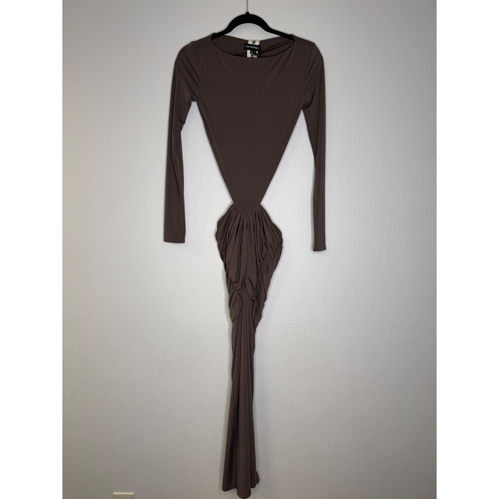 Mars The Label Maxi Dress Women UK 6 Brown Long Sleeve Cutout Ruched Drape